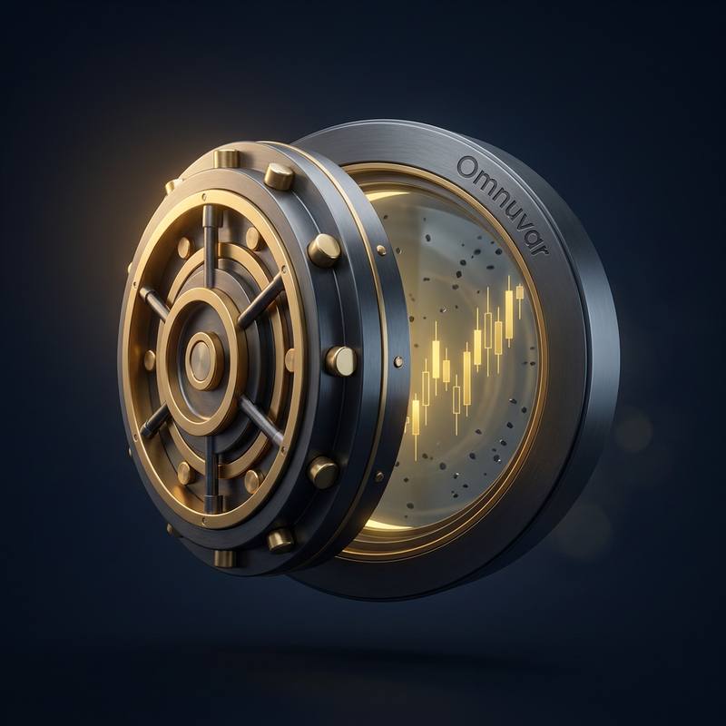 Une porte de chambre forte or et acier portant la marque Omnuvar, sa fenêtre éclairée par un graphique en chandeliers ascendant