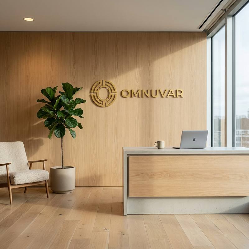 The Omnuvar reception area: an oak-panelled wall carrying the gold Omnuvar mark and wordmark, with a concrete reception desk and floor-to-ceiling windows